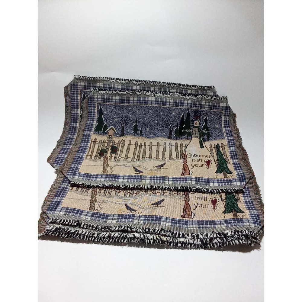 Vtg Christmas Snowmen Cloth Placemats 4pcs Snowman Snowy Night Scene Birdhouse